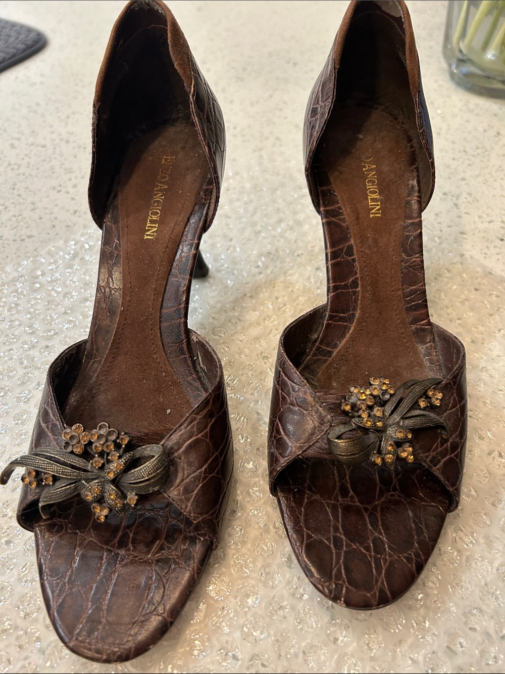 Enzo Angiolini Brown Croc-Embossed Open-Toe Heels with Floral Ribbon Accent